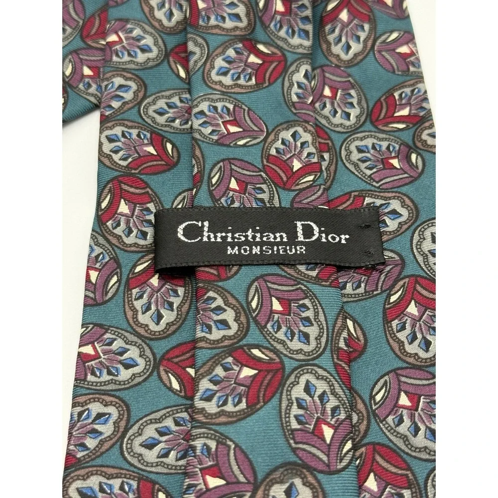 Christian Dior Necktie OS Vintage Silk Medallion Teal Burgundy Designer Retro